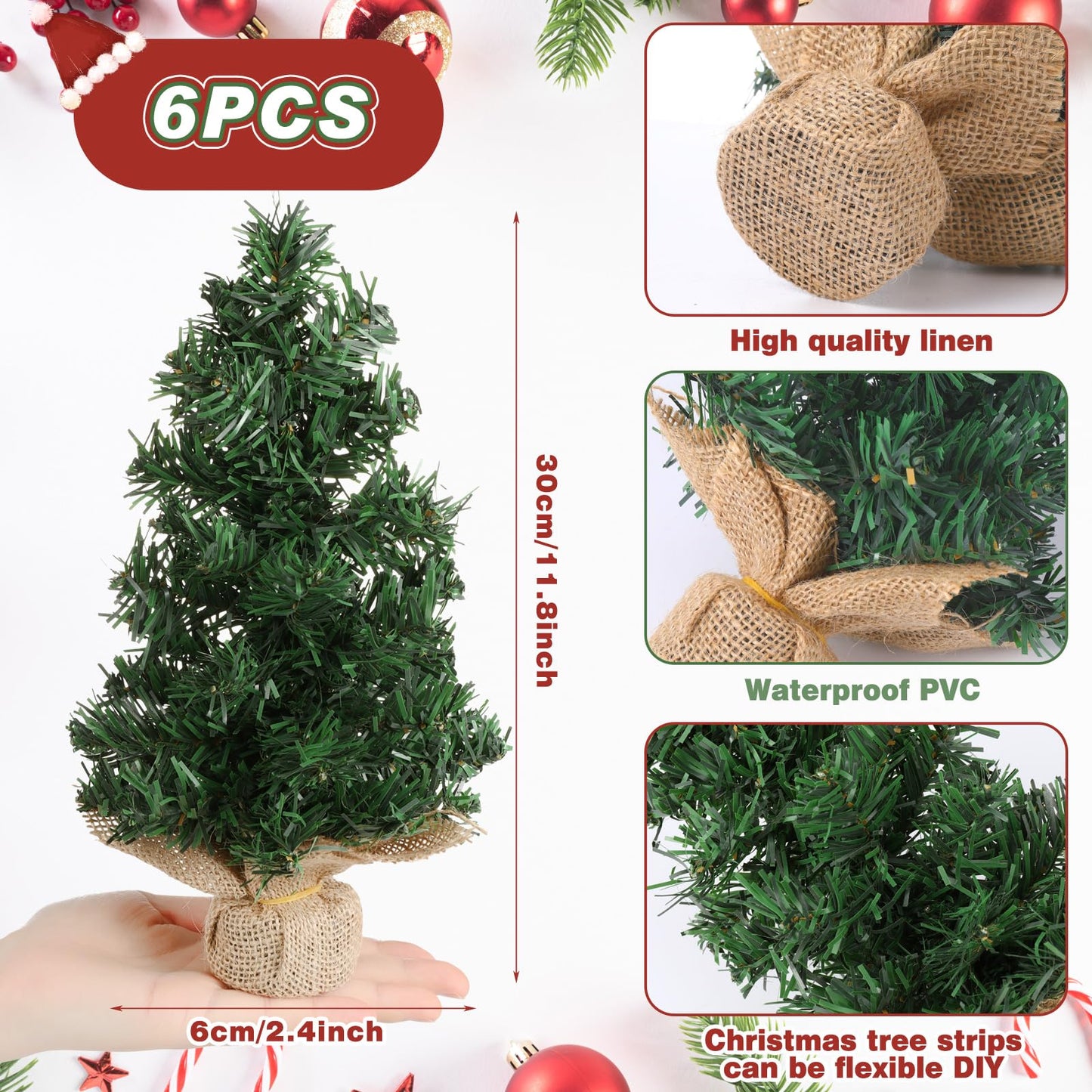 Yinder Tabletop 6 Pcs Mini Christmas Tree 11.81 Inch Artificial Mini Xmas Miniature Pine Christmas Tree with Linen Base for Xmas Holiday Decorations Indoor Home Kitchen Dining Table