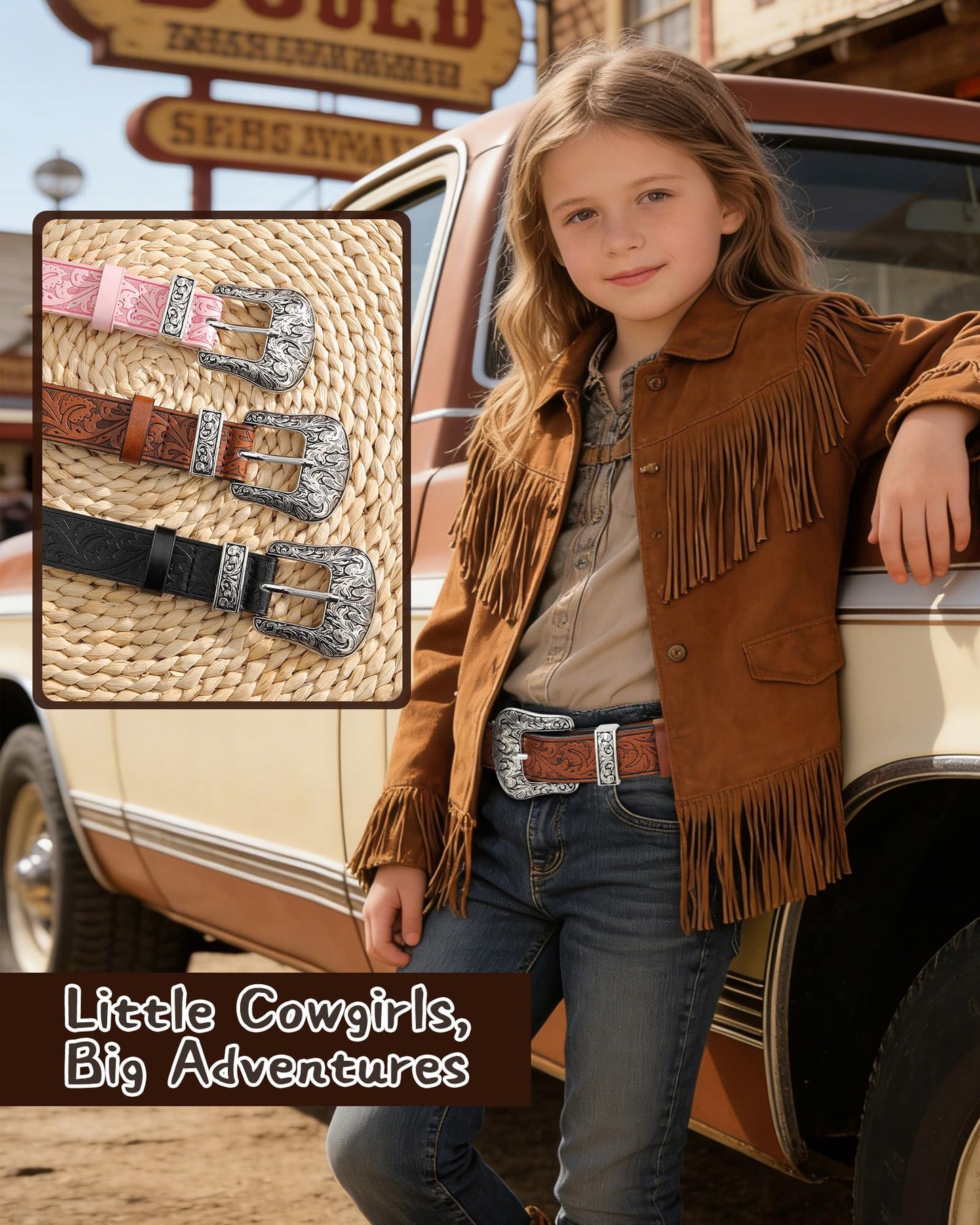 AWAYTR Kids Western Belt for Girls - Vintage Cowgirl Leather Belt for Jeans Dresses, Brown, Fit Waist 20-24in