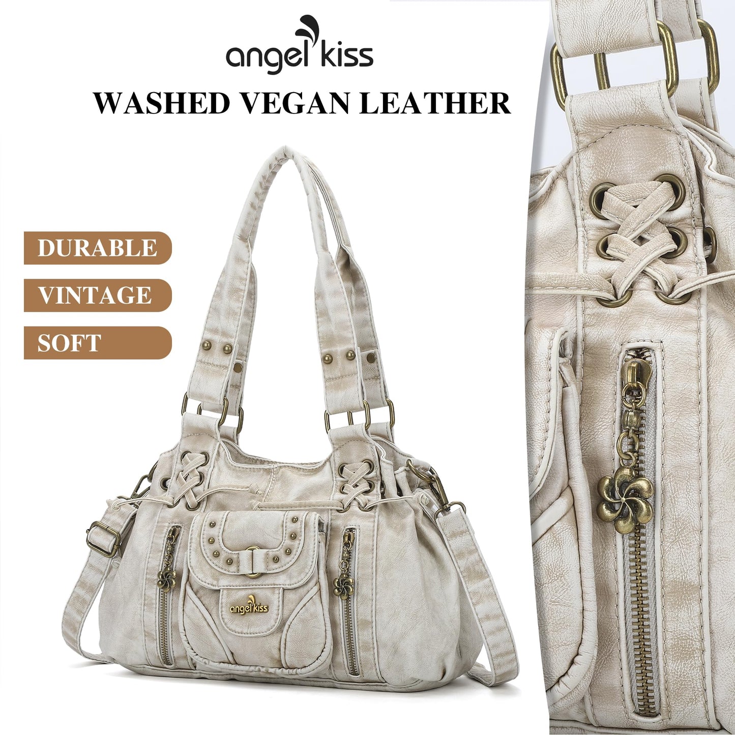 Angel Kiss Small hobo Bags for Women Retro Washed Leather Shoulder Handbag Roomy Top Handles Purses With Removable Strap