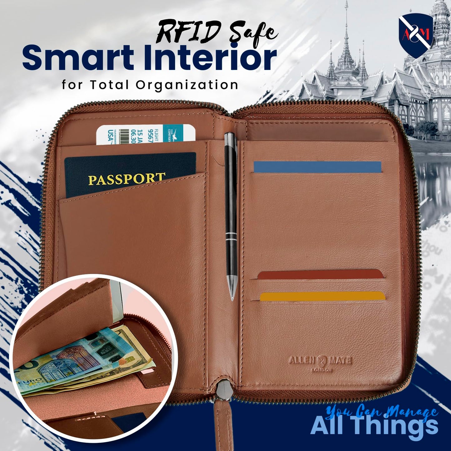 ALLEN & MATE 100% Leather Passport Holder for Travel RFID Blocking Passport Wallet for Men & Women - Zippered Compact Travel Document Organizer Fits Cash, Cards, SIM, ID and Tickets