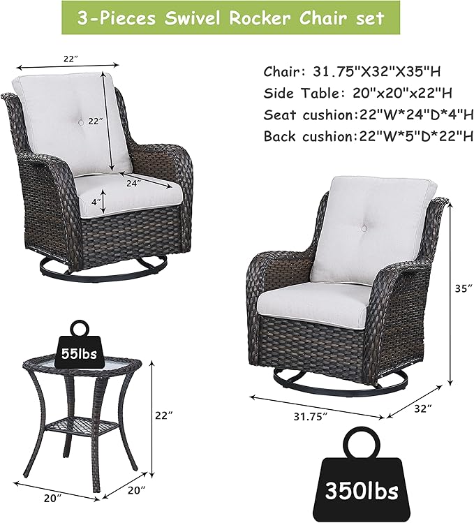 Rilyson Wicker Rocking Chair Swivel Chairs – 6 Piece Rocker Patio Furniture Set Rattan Rocking Bistro Sets with Glass Top Side Table for Outdoor Porch Deck Garden Backyard(Brown/Beige)