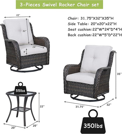 Rilyson Wicker Rocking Chair Swivel Chairs – 6 Piece Rocker Patio Furniture Set Rattan Rocking Bistro Sets with Glass Top Side Table for Outdoor Porch Deck Garden Backyard(Brown/Beige)