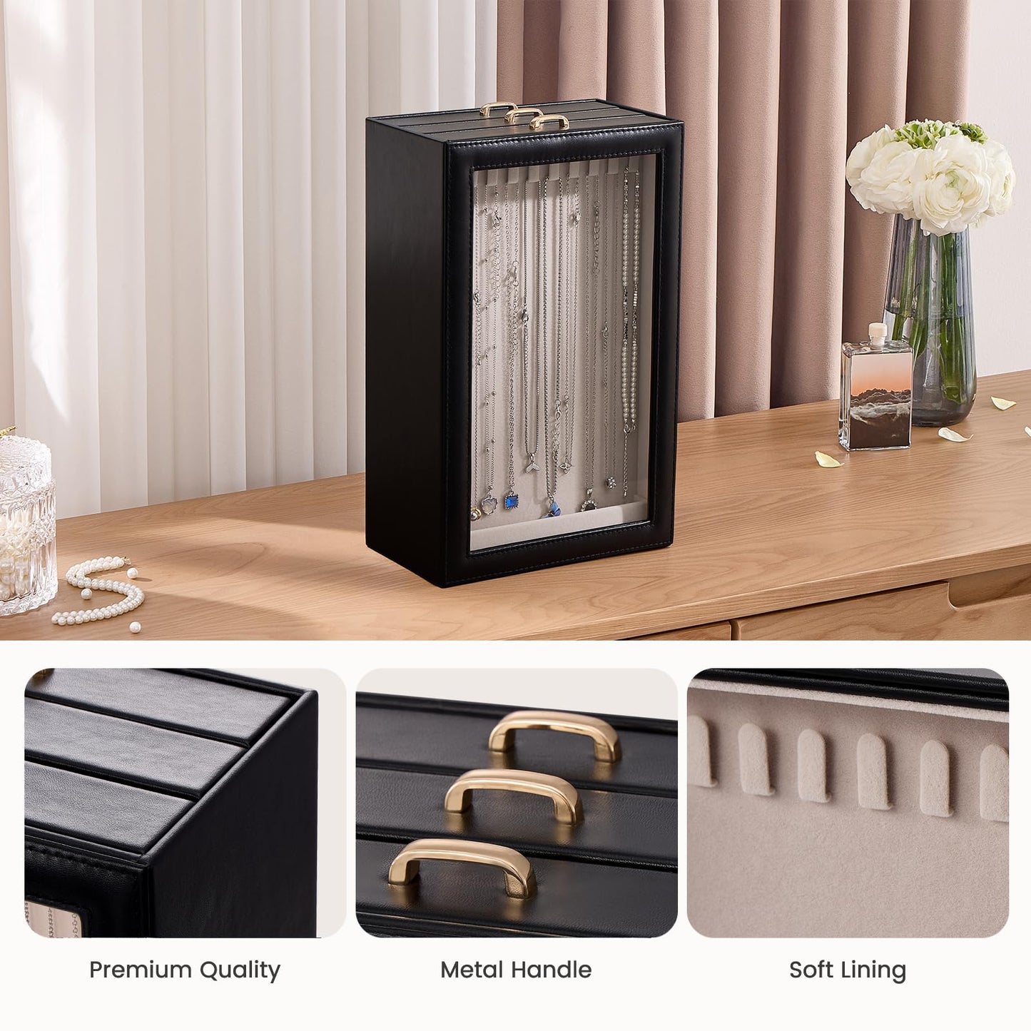 Lolalet Necklace Organizer Box, Jewelry Storage Box with Clear Window for Necklaces Bracelets, Tangle-Free Necklace Display Case for Women Girls, Black, 3 Layers 30 Hooks