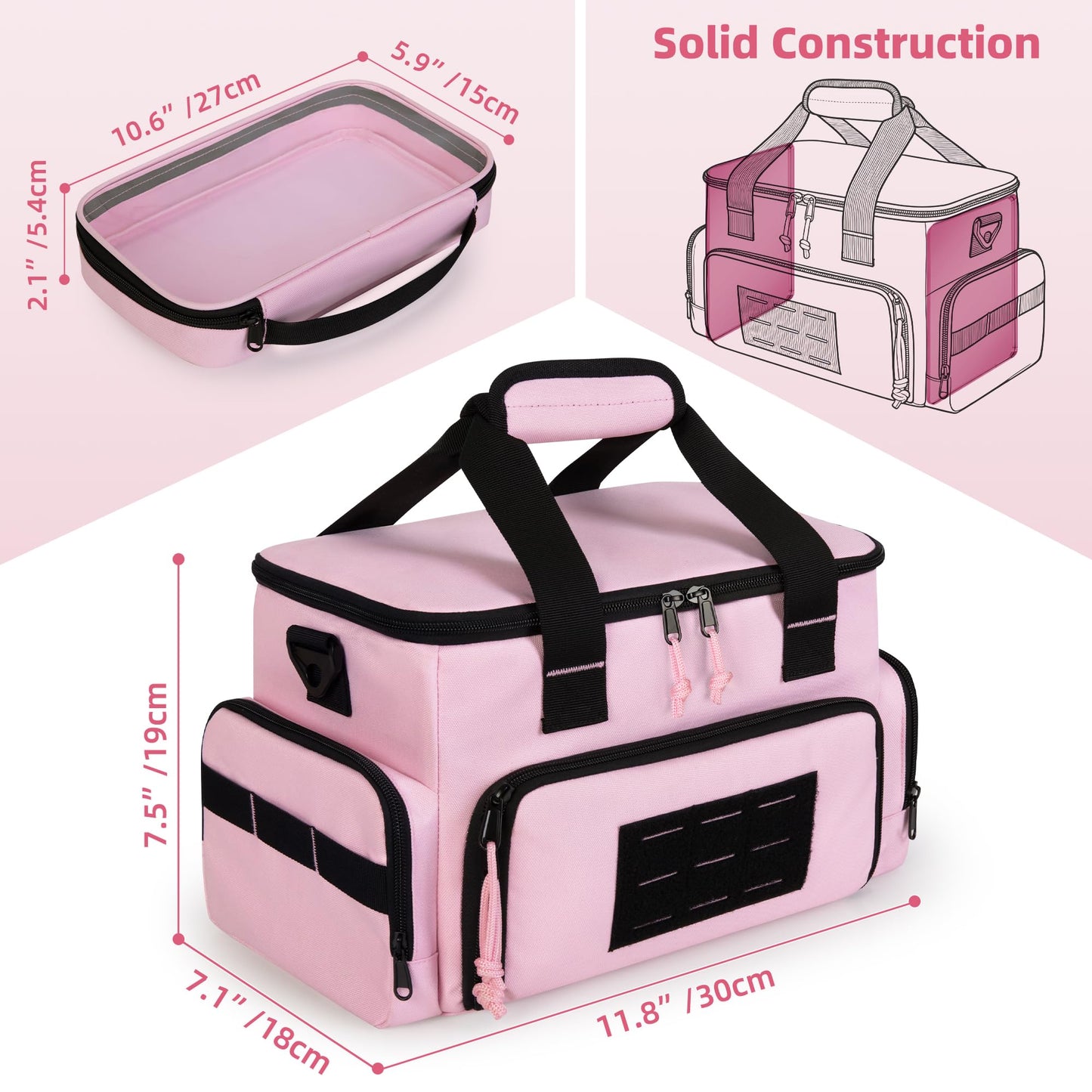 Trahzia Pink Tool Bag for Women with 2 Clear Pouches, 12-inch Tool Storage Organizer, Double Layer Tool Box for Electrician, Carpenters, Repairman, Pink