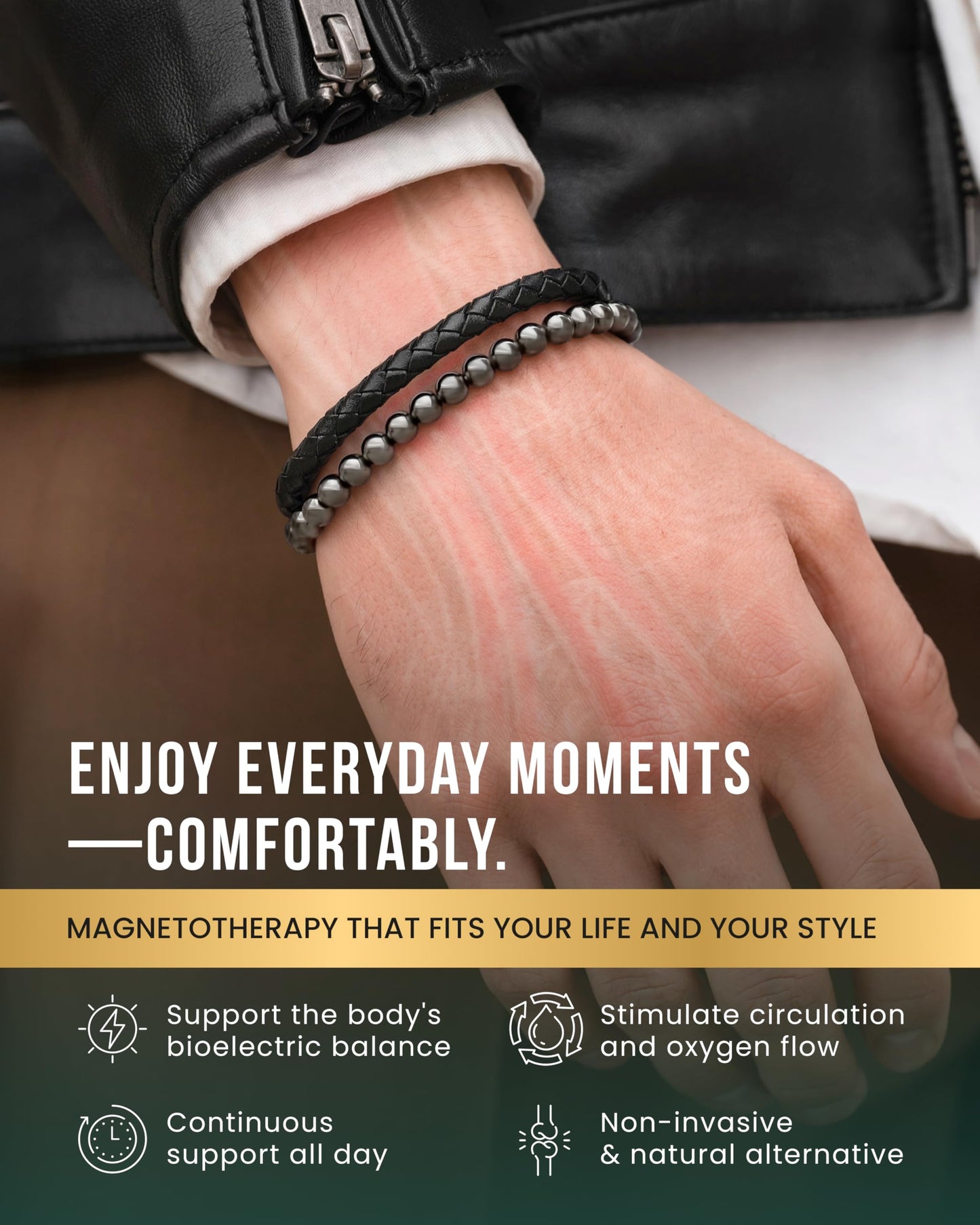 MagnetRX® Hematite & Leather Magnetic Bracelet – Max Strength Natural Stones – Beaded Magnetic Hematite Bracelets (Medium)