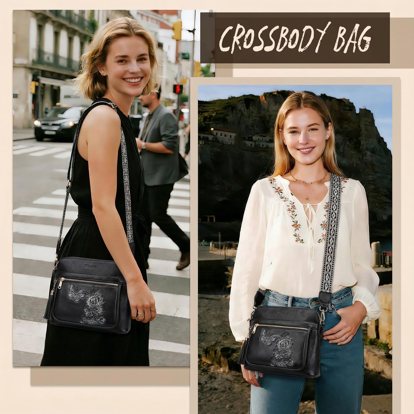 VIMUTI Crossbody Bags for Women Trendy, Lightweight Purses for Women Embossed Design Shoulder Handbags with Guitar Strap (Black)