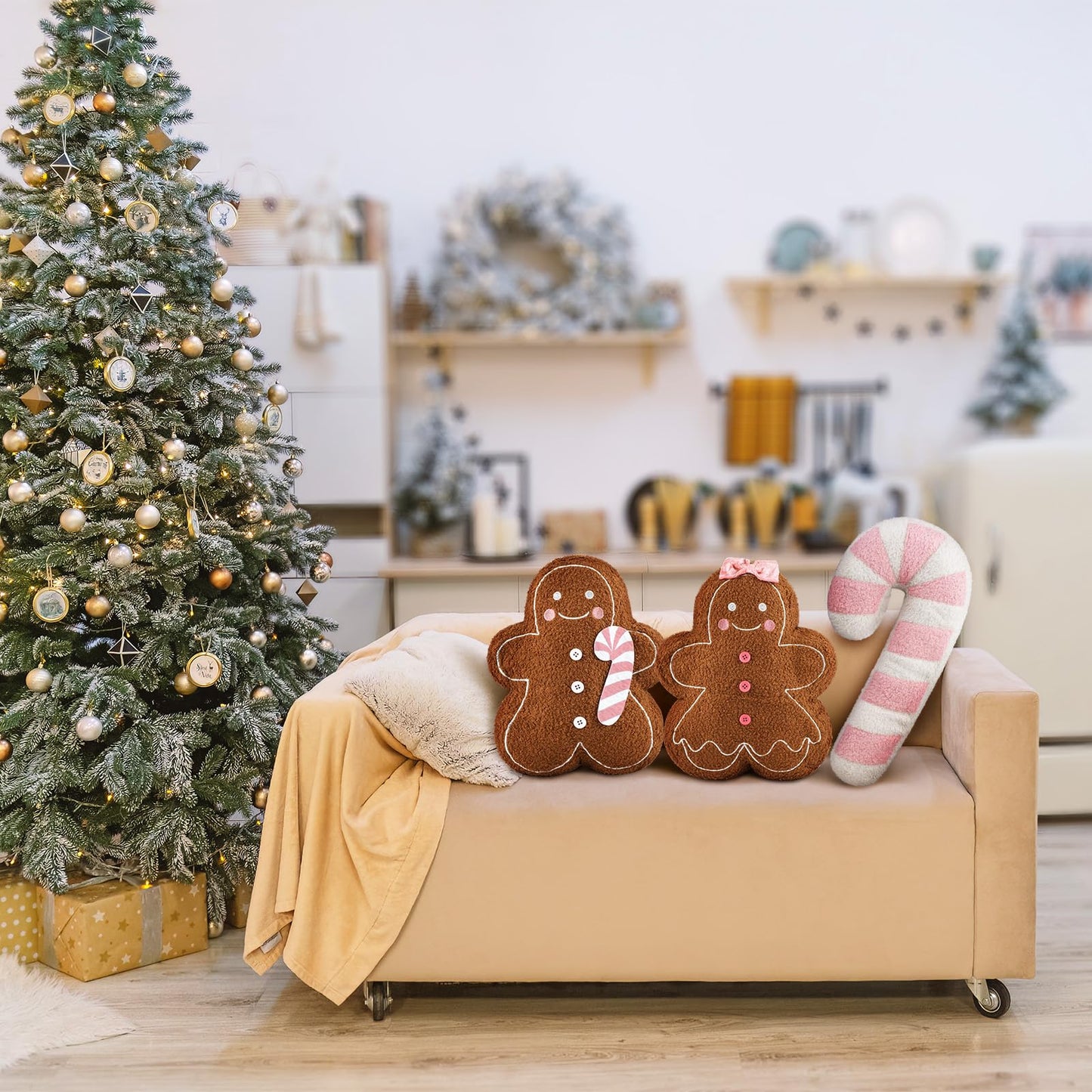 Oudain 3 Pcs Pink Christmas Gingerbread Pillows Pink Candy Cane House Man Throw Pillows Stuffed Gingerbread Shaped Pillow for Xmas Sofa Couch Cushion Bed Home Winter Party Decor