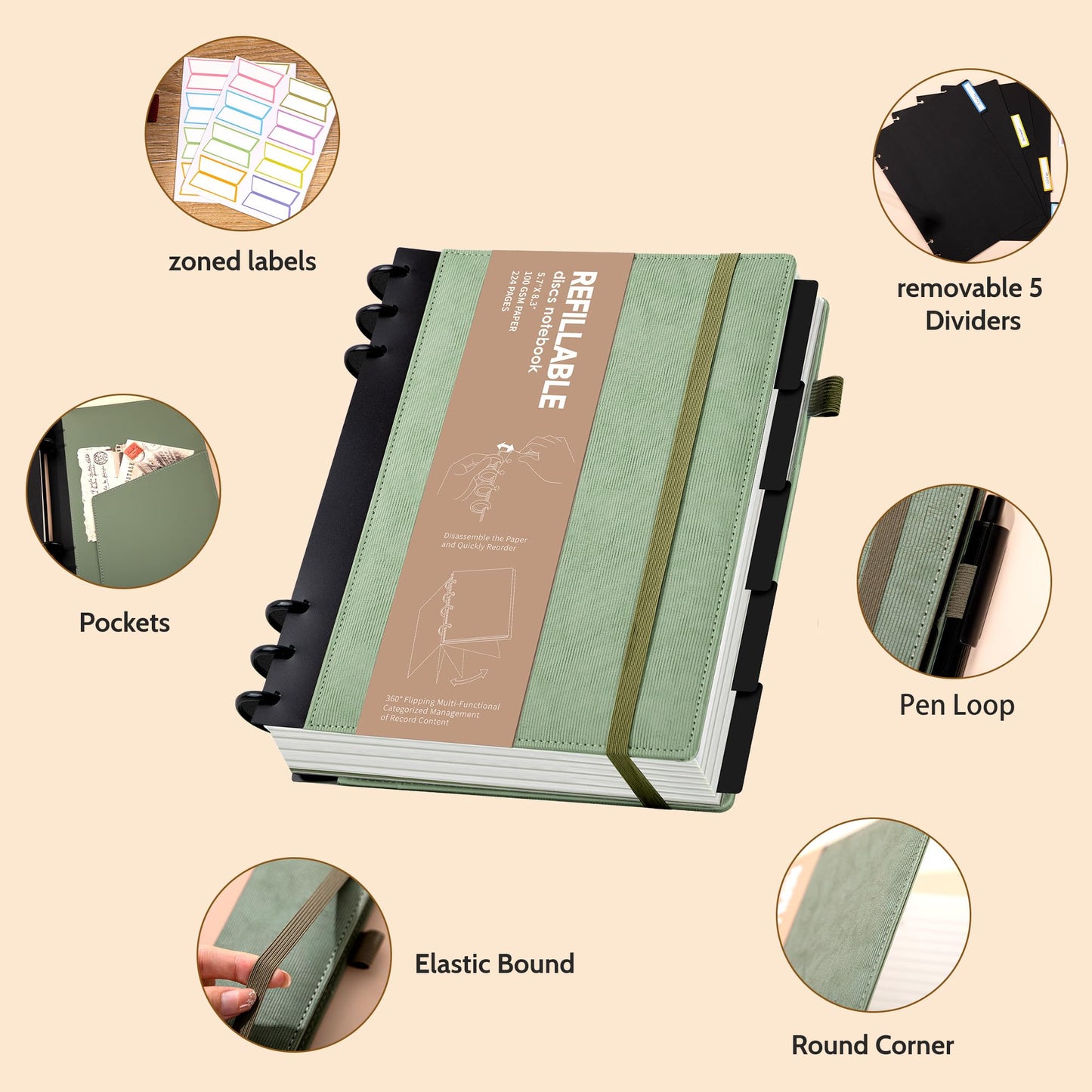 Yoment Leather Journal Notebooks for Work Refillable 224 Page 100 GSM Thick 5 Subject Notebook with Removable Dividers Tabs Hardcover Notebook for School Note Taking Teachers Women Men 6.1 x 8.3,Green