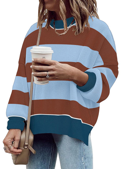 ETCYY Womens Oversized Sweaters Fall 2025 Fashion Clothes Trendy Batwing Sleeve Colorblock Striped Knit Pullover Tops