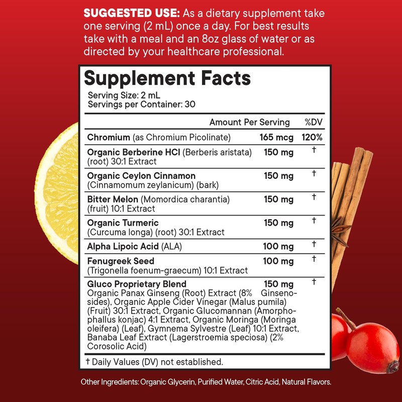 Berberine with Ceylon Cinnamon Supplement Liquid Drops + Bitter Melon Extract, Glucomannan, Gymnema, Chromium, Turmeric, Panax Ginseng, Moringa- 8 OZ