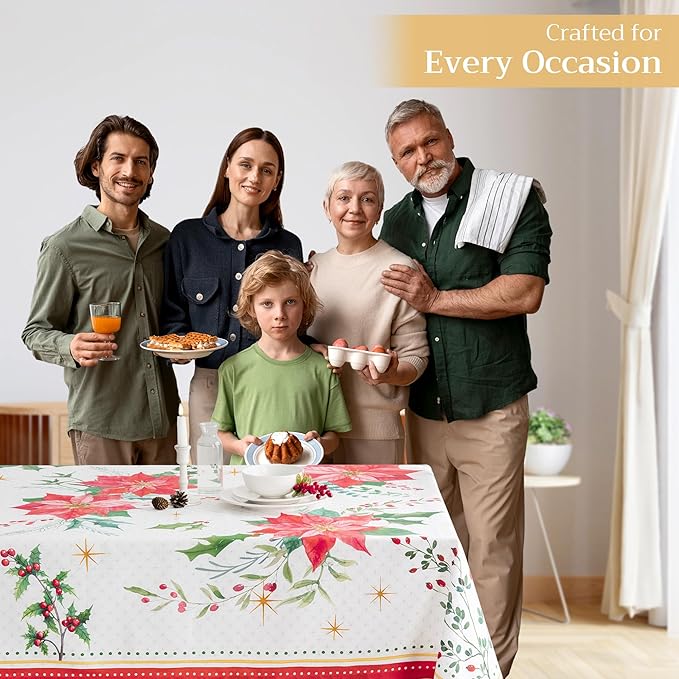 Maison d' Hermine Table Cloth Rectangle Table 100% Cotton 70 x 120 Inches Fall Tablecloth Reusable Everyday Use for Thanksgiving Christmas Decorations Dining Farmhouse Party (Poinsettia Christmas)