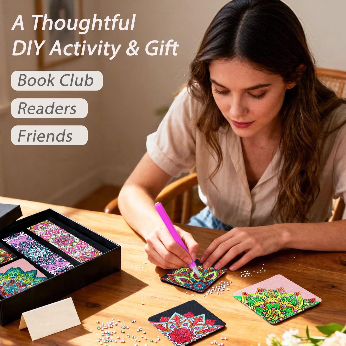 8 PC Diamond Art Corner Bookmarks Leather Bookmark Kit for Adults Paint by Dots Bookmarkers Craft DIY Gem Small Dotz Gifts for Mom, Christmas Gifts for Women, Mandala Flower Black Lotus