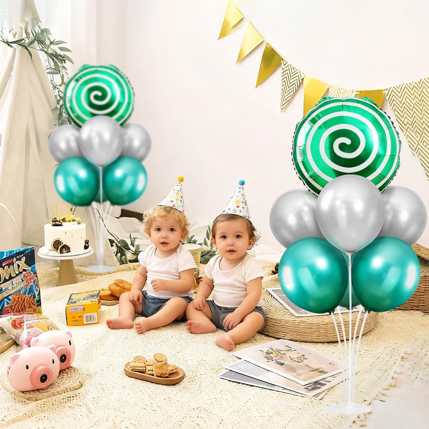 2 Sets Red White Lollipop Balloon Stand Kit, 18 Inch Swirl Foil Balloons Table Centerpieces for Candyland Birthday Party Decorations, Baby Shower, Sweet Candy Themed Party Supplies-Green