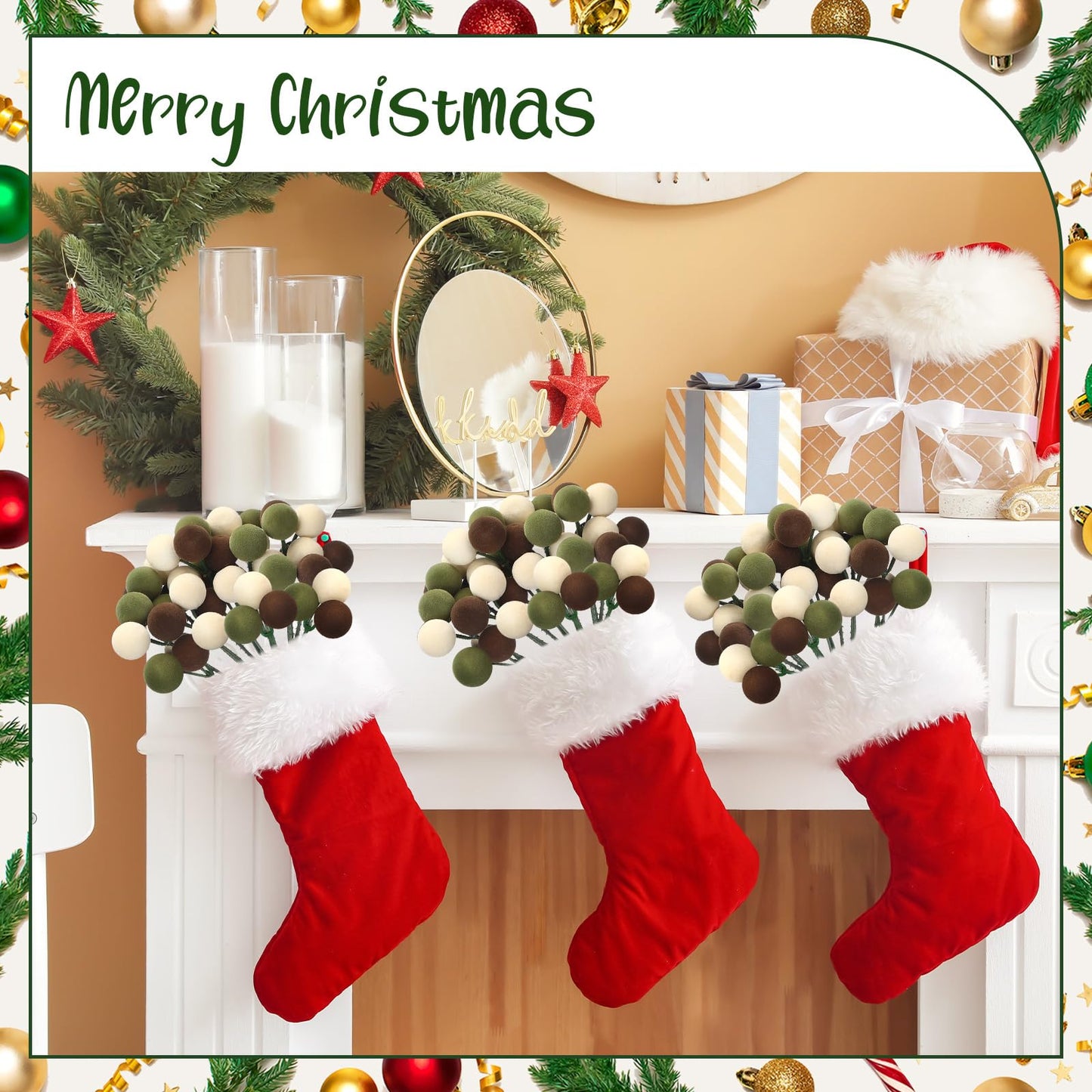 Syhood 12 Set 7.9 Inch Christmas Ball Picks and Sprays Shatterproof Xmas Brown Dark Green Beige Ball Ornaments on Wired Picks for Christmas Tree Vase Wreath Stairs Garland Decoration Supplies