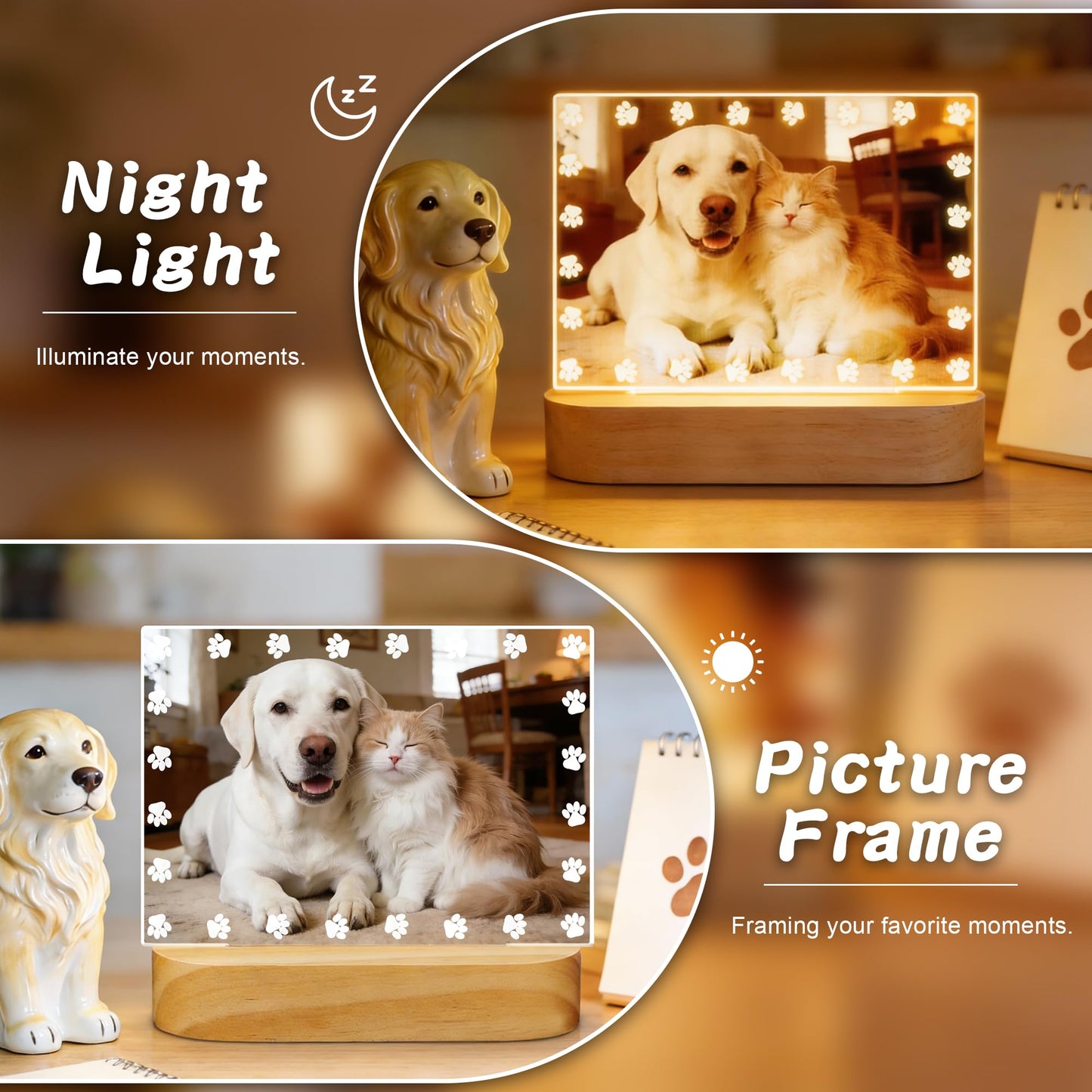 Dog Memorial Picture Frame, Dog Gifts for Pet Loss, 4x6 LED Frame Night Light with Paw Prints, Remembrance Sympathy Gift for Cat Owner Pet Lover, Personalized Home Bedroom Tabletop Decor Keepsake Lamp