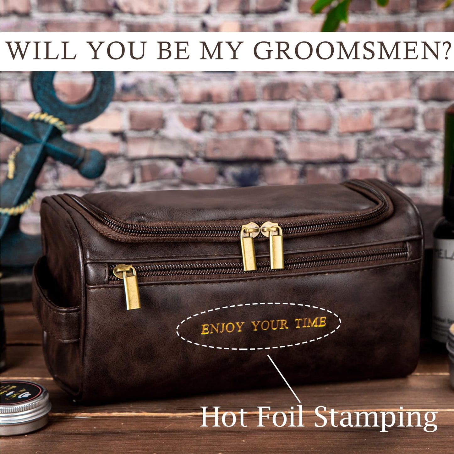 Flycalf Mens Toiletry Travel Bag Groomsmen Father Dad Leather Toiletries Grooming Bag for Men Shaving Bag Hanging Water Resistant Organizer (Coffee)