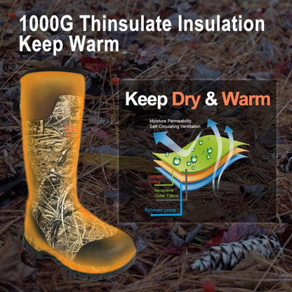 8 Fans Rubber Hunting Boots for Men, Waterproof Outdoor Boots, Insulated 1000G Thinsulate Warm, 5mm Neoprene Camo Boots, 17” Tall Shaft for Wet & Rough Terrain, Anti-Slip Sole for Hunting & Work