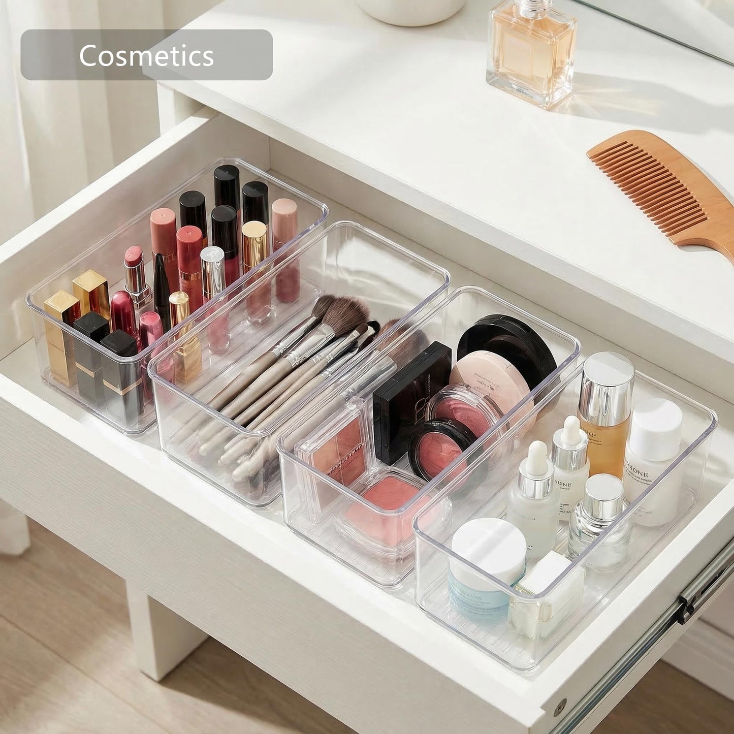 Qilinba 8 PACK Drawer Organizer Bins Bathroom Deep Drawer Organizer Tray for Cutlery Vanity Make-up, Clear Stackable Storage Bins for Kitchen Cabinet Closet Counter Organization and Storage