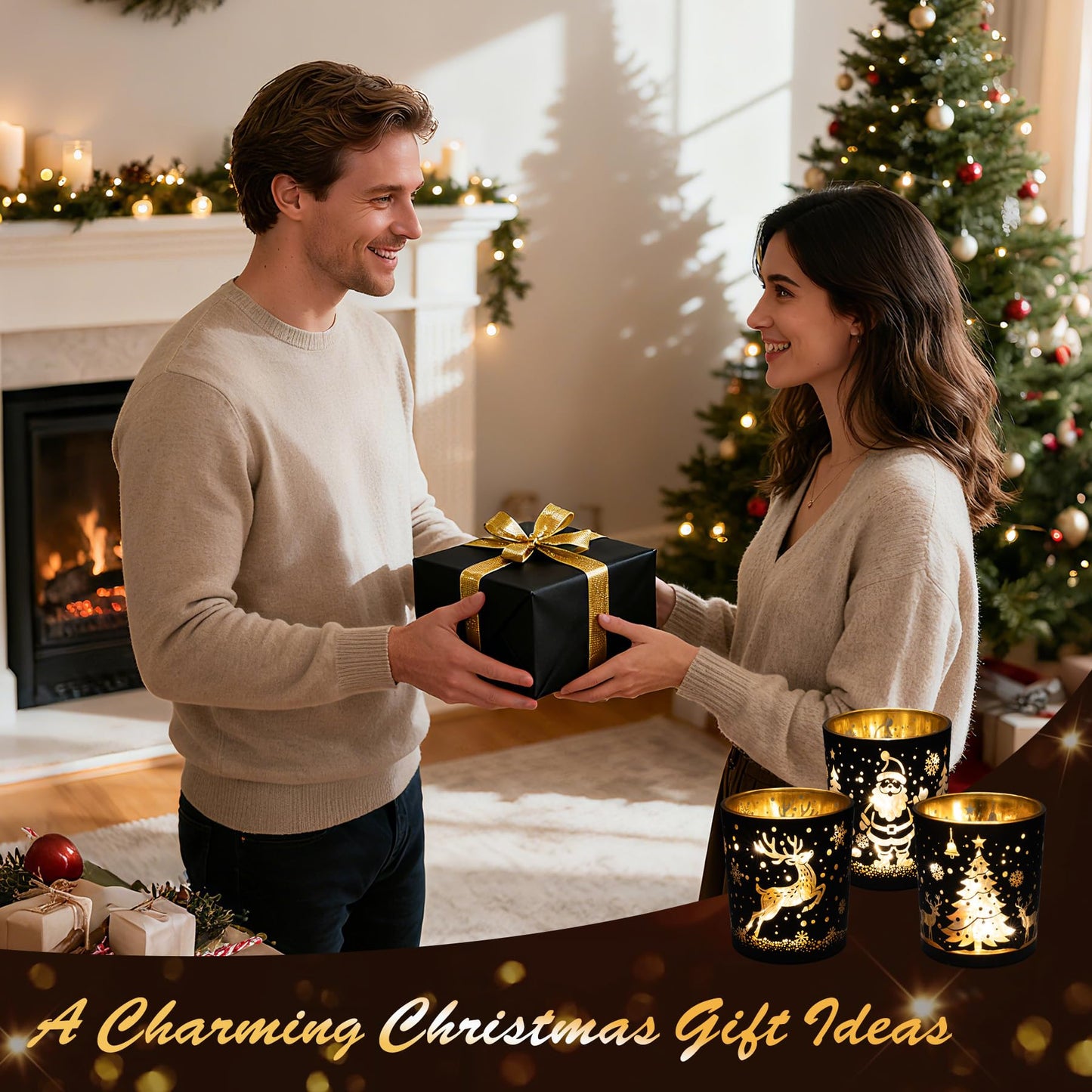 Votive Candle Holders, Black and Gold Glass Christmas Candle Holder Set of 3, Tea Light Holders with Santa Claus, Reindeer, Xmax Tree Pattern, Christmas Table Canterpieces for New Year Party Decor