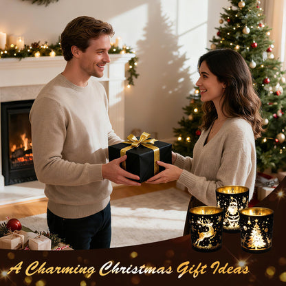 Votive Candle Holders, Black and Gold Glass Christmas Candle Holder Set of 3, Tea Light Holders with Santa Claus, Reindeer, Xmax Tree Pattern, Christmas Table Canterpieces for New Year Party Decor