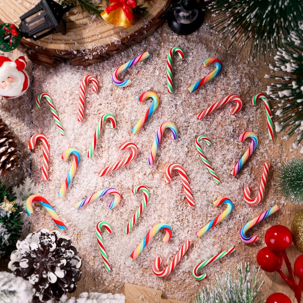 Celltestria 80Pcs Christmas Mini Candy Canes Faux Clay Candy Canes for Crafts Rainbow Candy Cane Miniatures Xmas Candy Stick Ornaments for Vase Filler Tree Hanging Christmas Party Decorations