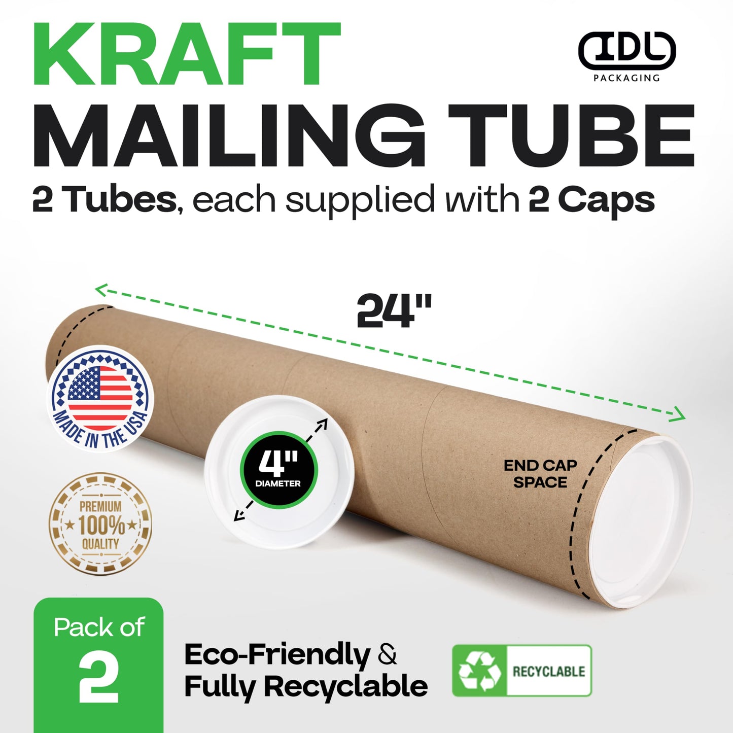 Cardboard Mailing Tubes, 4" x 24" with Plastic Caps, Pack of 2 - USA-Made USPS Approved Poster Tube for Documents & Blueprints - Reinforced Mailing Cylinders for Shipping & Storage by IDL Packaging