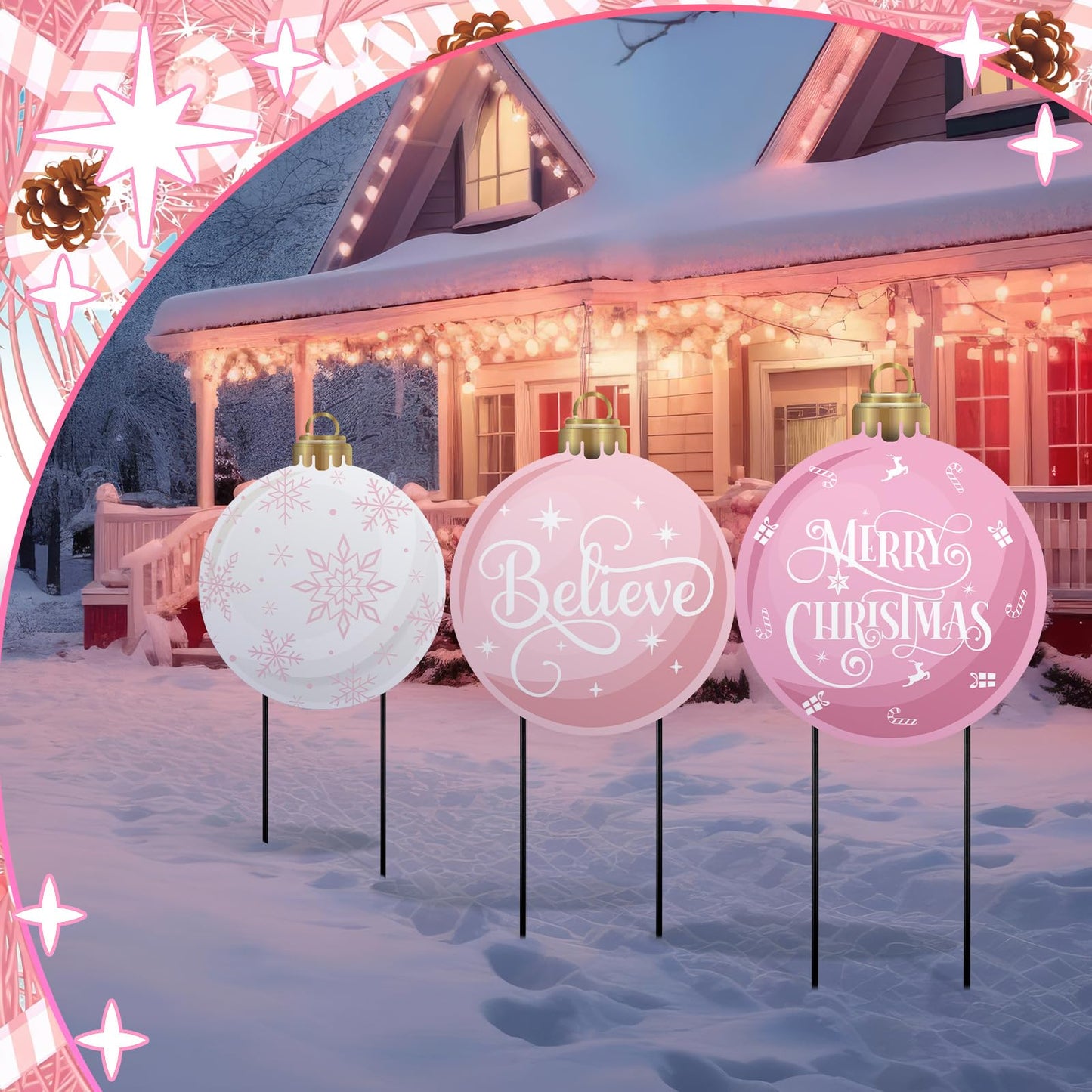 MorningRo 3 Pcs Pink Christmas Balls Yard Signs 20'' H Metal Outdoor Waterproof Xmas Yard Sign Stake with Snowflake Believe Merry Christmas Design for Porch Patio Lawn Garden Pathway Holiday Decor