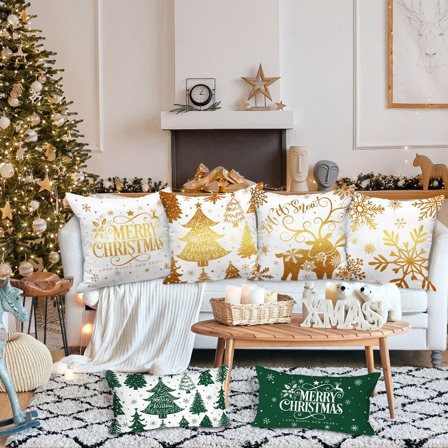 Lanpn White and Gold 18x18 Christmas Pillow Covers Set of 4, Decorative 18 Inch Navy Winter Snowflake Throw Pillow Case Xmas Cushion Cover for Indoor House Sofa Gold