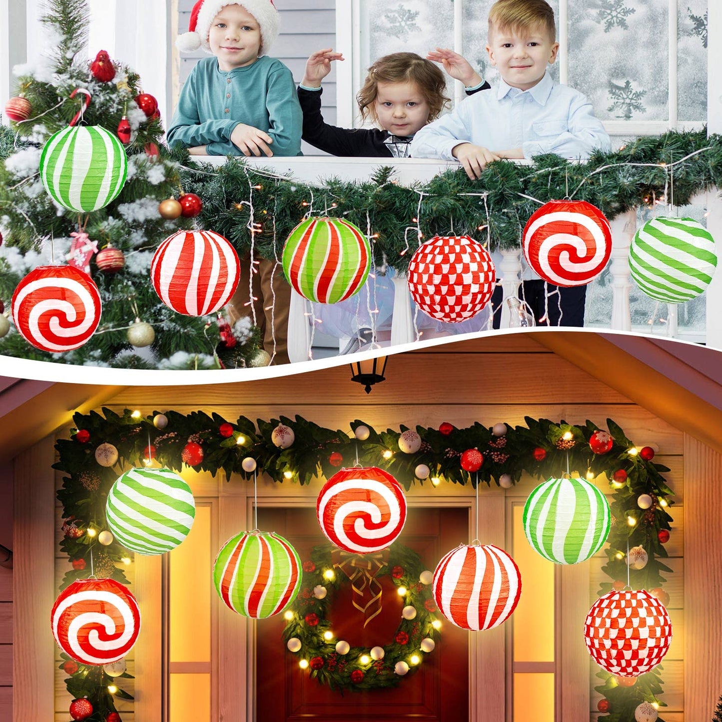 Panelee 12 Pcs Christmas Peppermint Paper Lanterns 8 Inch Red Green White Candy Canes Hanging Round Paper Lanterns Holiday Xmas Party Decorations for Home Classroom Ceiling