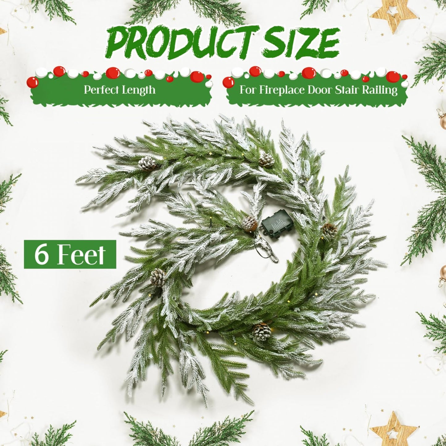 YoleShy 6FT Real Touch Norfolk Pine Garland Christmas Garland with Pinecone and White Snow Battery Operated Prelit Garland Christmas Decorations for Mantle Fireplace Xmas Home Decor
