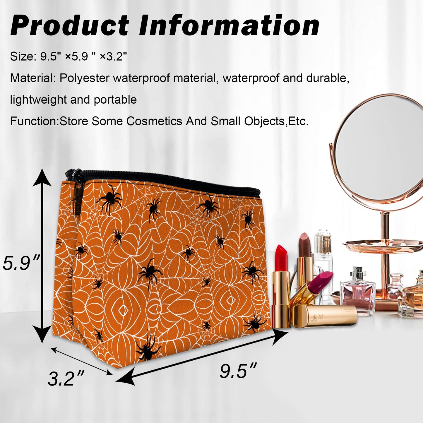 DEMACYA Spiders Makeup Bag for Purse, Waterproof Funny Cosmetic Bag for Women, Zipper Travel Toiletry Pouch with Webs Black Gift 9.5×5.9 Inch