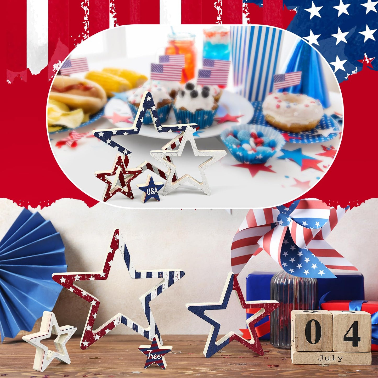 Funnymoom 4 Pcs Patriotic Table Decorations Centerpieces 4th of July Star Wooden Signs Rustic Double-sided Independence Day Red White Blue Stars for Tiered Tray Mantle Kitchen Shelf Memorial Day Decor