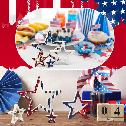Funnymoom 4 Pcs Patriotic Table Decorations Centerpieces 4th of July Star Wooden Signs Rustic Double-sided Independence Day Red White Blue Stars for Tiered Tray Mantle Kitchen Shelf Memorial Day Decor