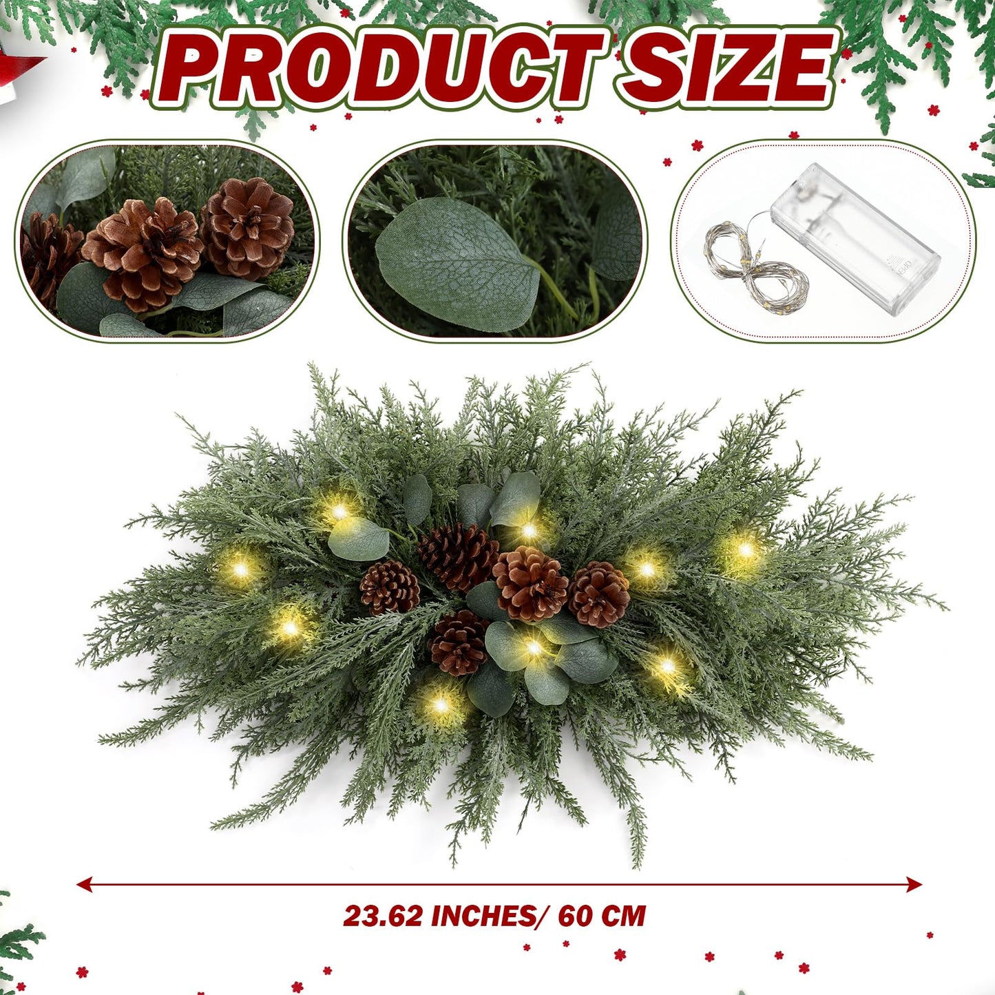 Yalikop 24.5 inch Christmas Swags with Light Artificial Pine Needles Swag Decoration Greenery Christmas Swag for Front Door Window Stair Fireplace Mantle Holiday Xmas Decor (Pine Cone)