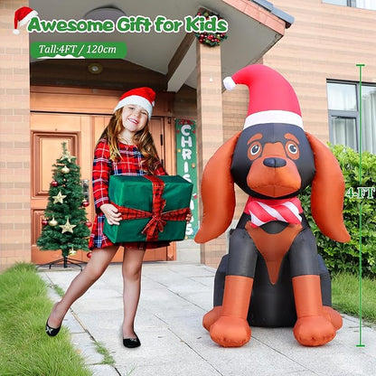 FunFanso 4FT Christmas Inflatable Dog Decoration, Cute Blow Up Puppy Yard Decorations with Build-in LED, Xmas Dog with Santa Hat for Holiday Indoor Outdoor Yard Lawn Party Garden Home Decorations