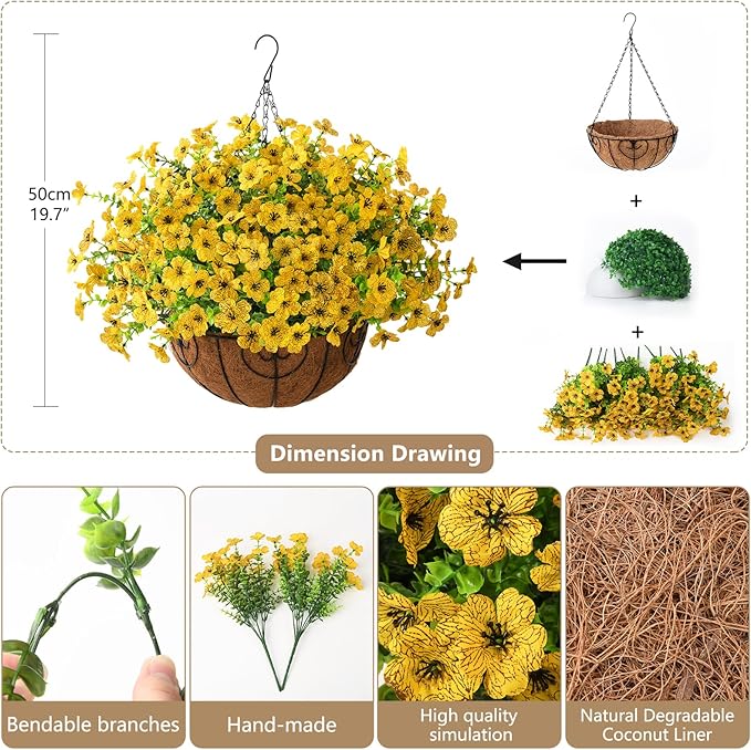 Artificial Faux Hanging Plants Flowers Basket for Fall Outdoor Decoration, Fake Silk Daisy in Planter Realistic UV Resistant Look Real for Porch Home Patio Balcony Yard(Yellow)