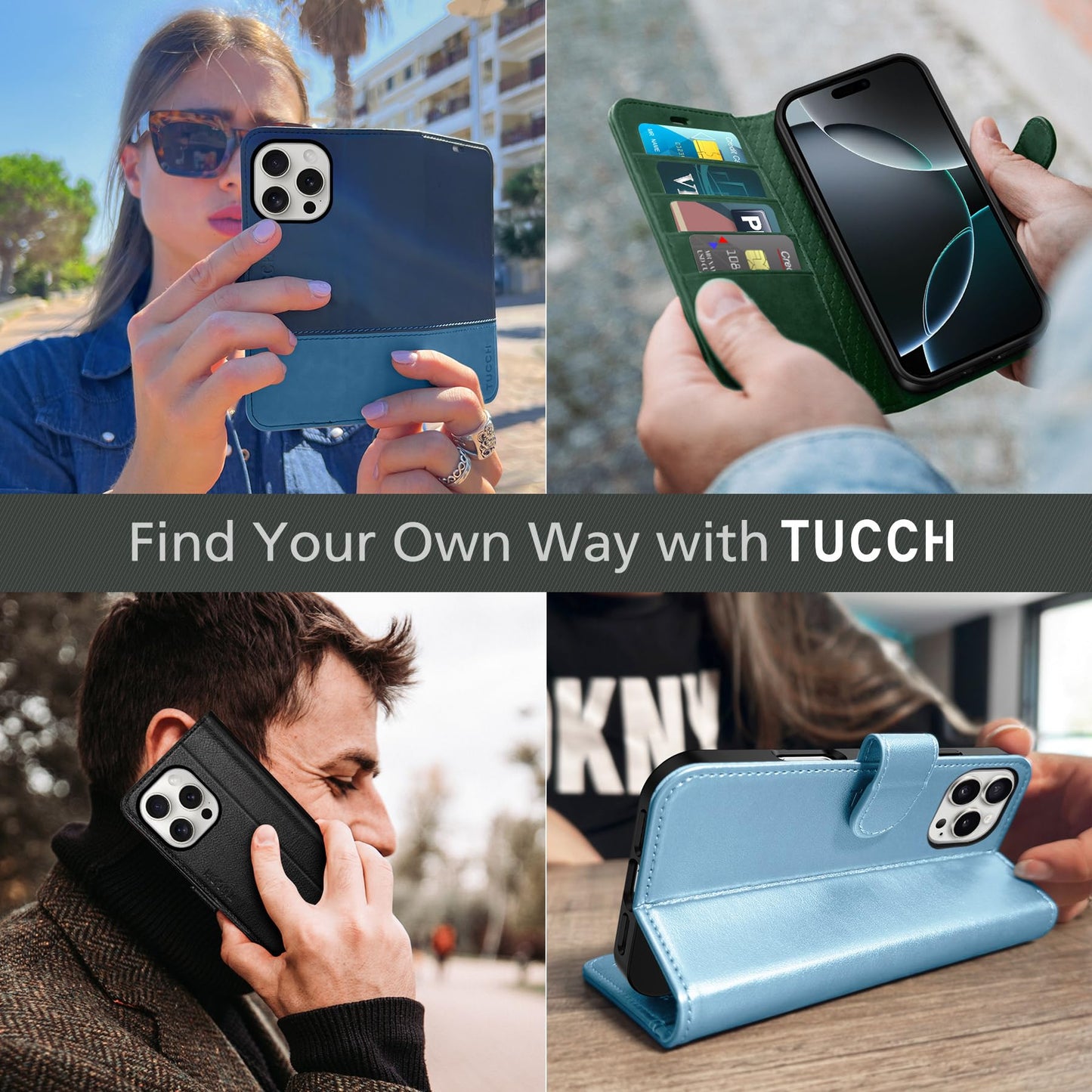 TUCCH Wallet Case for iPhone 16 Pro, Magnetic PU Leather Stand Flip Cover with 4 Card Slots [TPU Shockproof Interior Case] [RFID Blocking] Folio Compatible with iPhone 16 Pro 5G, Light Blue