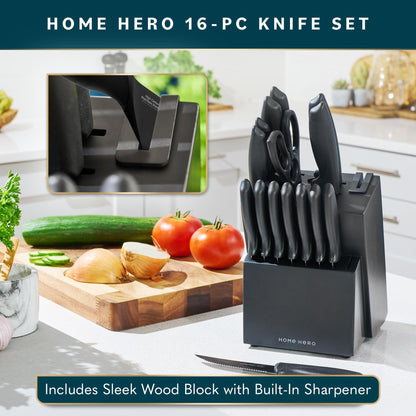 Home Hero Kitchen Knife Set with Sharpener - High Carbon Stainless Steel Knife Block Set with Ergonomic Handles (20 Pcs - Acrylic Black)
