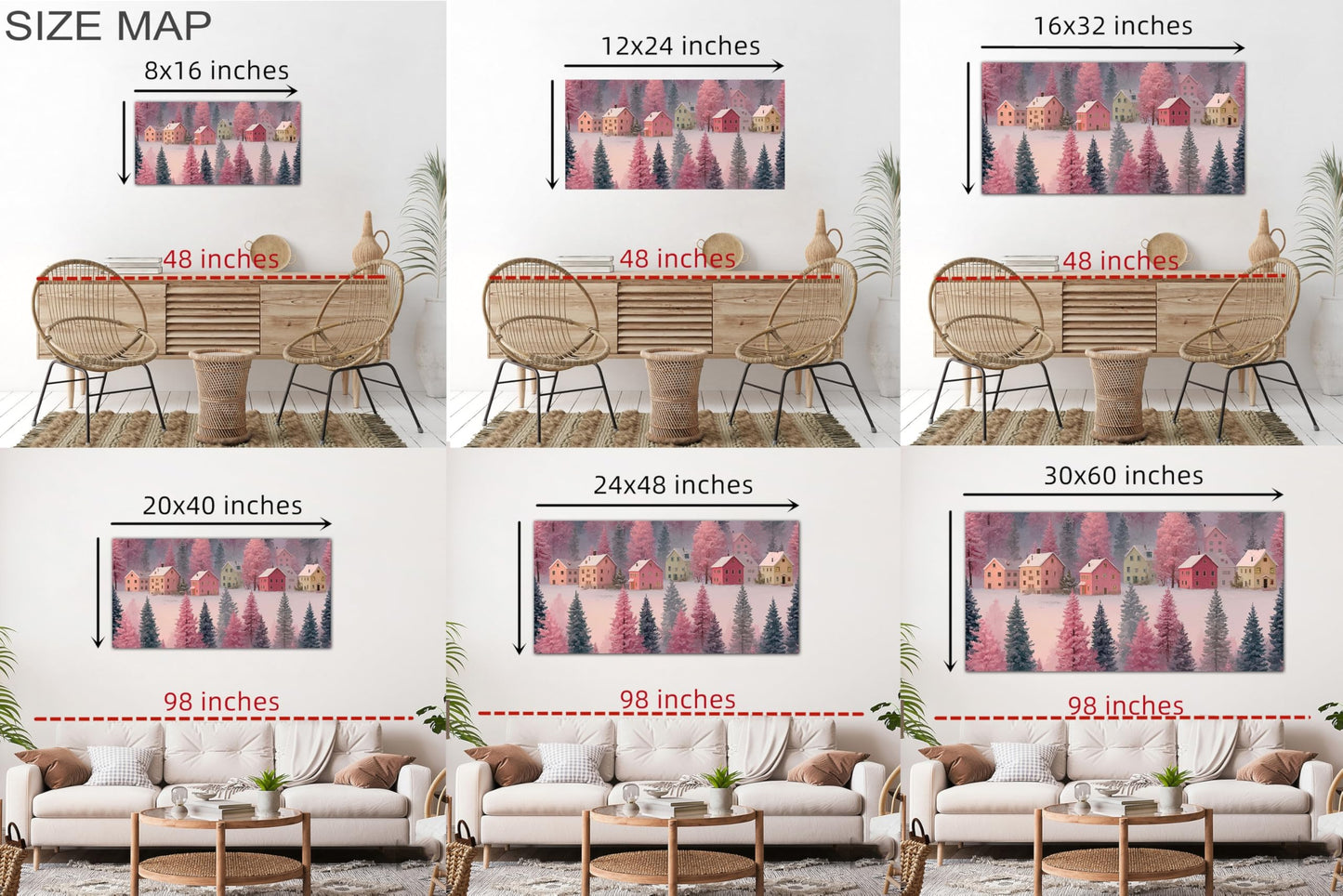 GUTTATY Christmas Canvas Wall Art, Pastel Winter Village Canvas Painting, Snow Scene Wall Prints, Festive Holiday Indoor Artwork Poster, Cozy Christmas Wall Decor for Living Room, 32x16 Inch