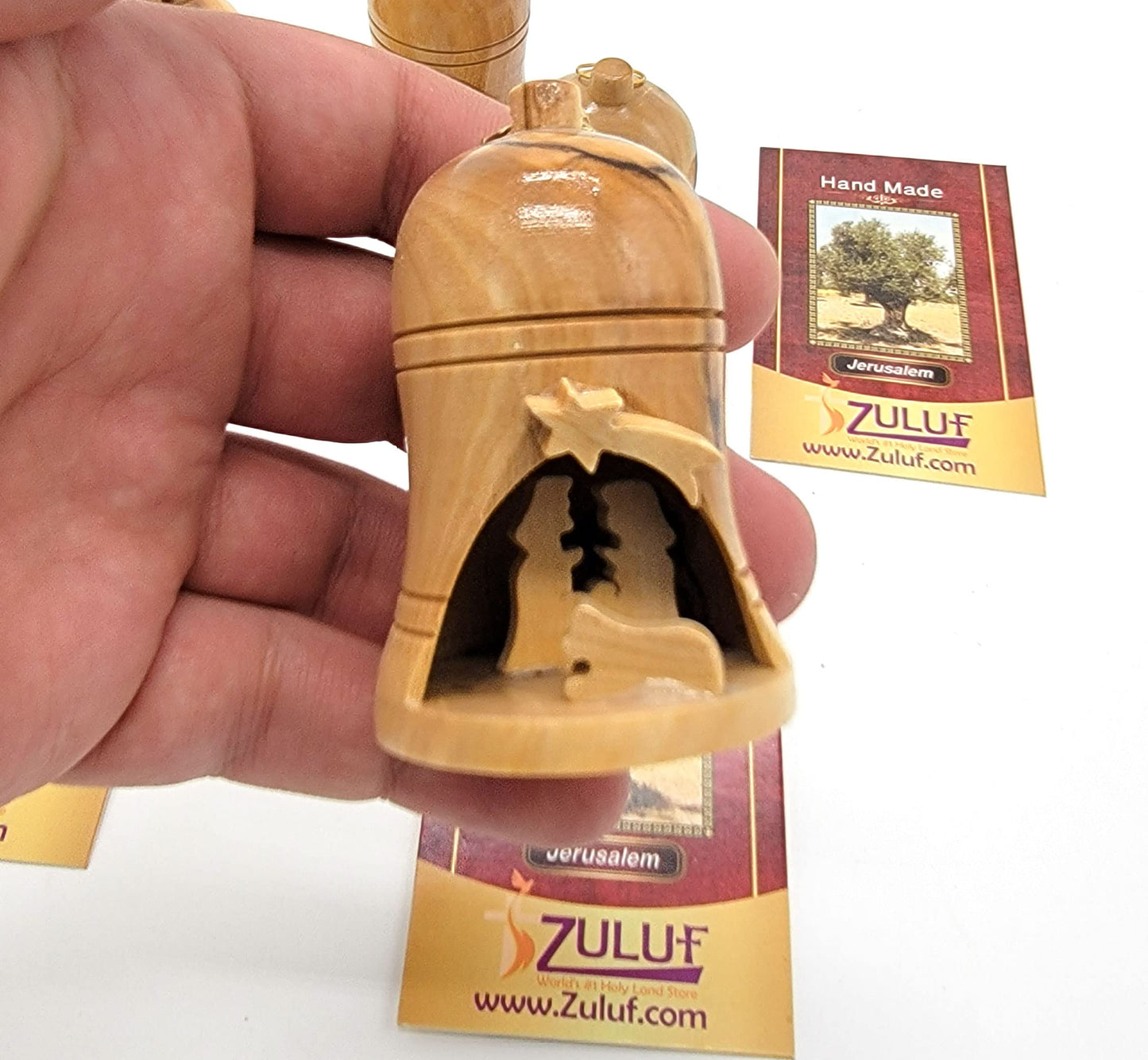 Zuluf Bulk Olive Wood Bell Christmas Ornaments from Bethlehem - Religious Nativity, Catholic Chrismons for Christmas Tree, Holy Land Israel Souvenirs, Christian Decorations Set of 4