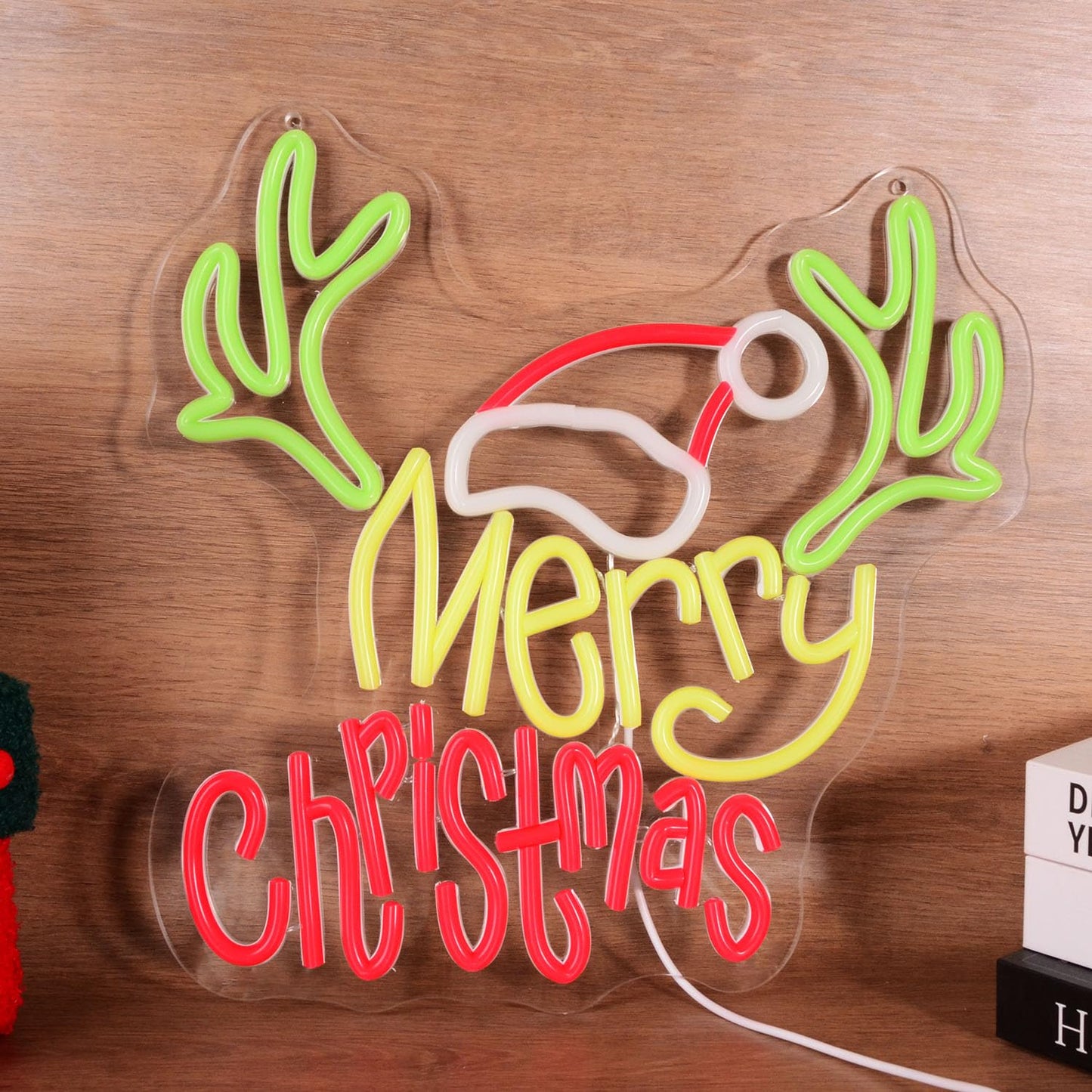 Merry Christmas Neon Sign with Deer Antlers and Santa Hat, Cute Happy New Year Decor for Home, Holiday Party Decorations, Xmas Lights for Wall Window Bar