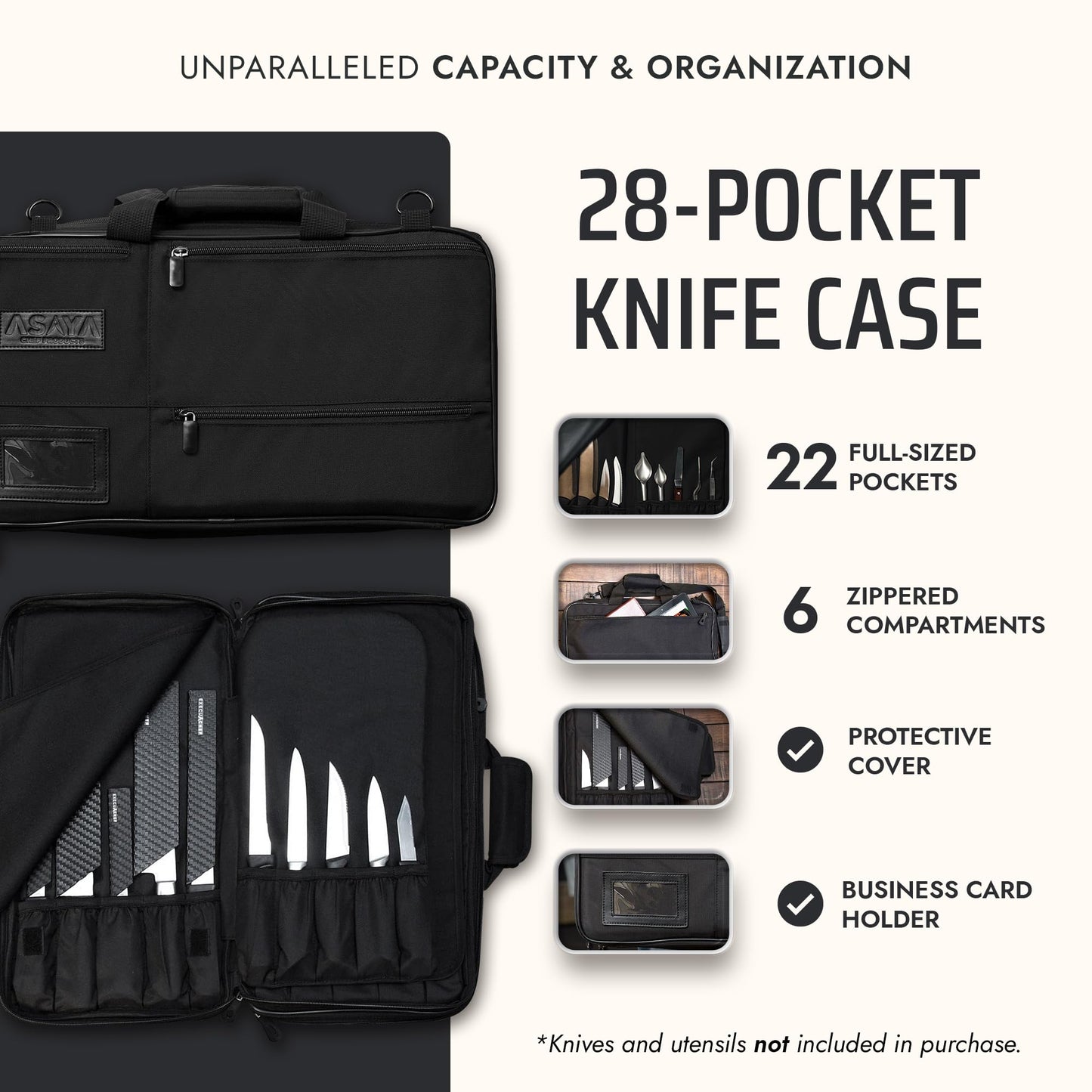 Asaya Chef Knife Bag - 28-Pocket Knives Carrying Case for Kitchen Tools and Utensils, Ballistic Nylon Chef Knife Roll Bag with Adjustable Shoulder Strap - Knives Not Included (Black)