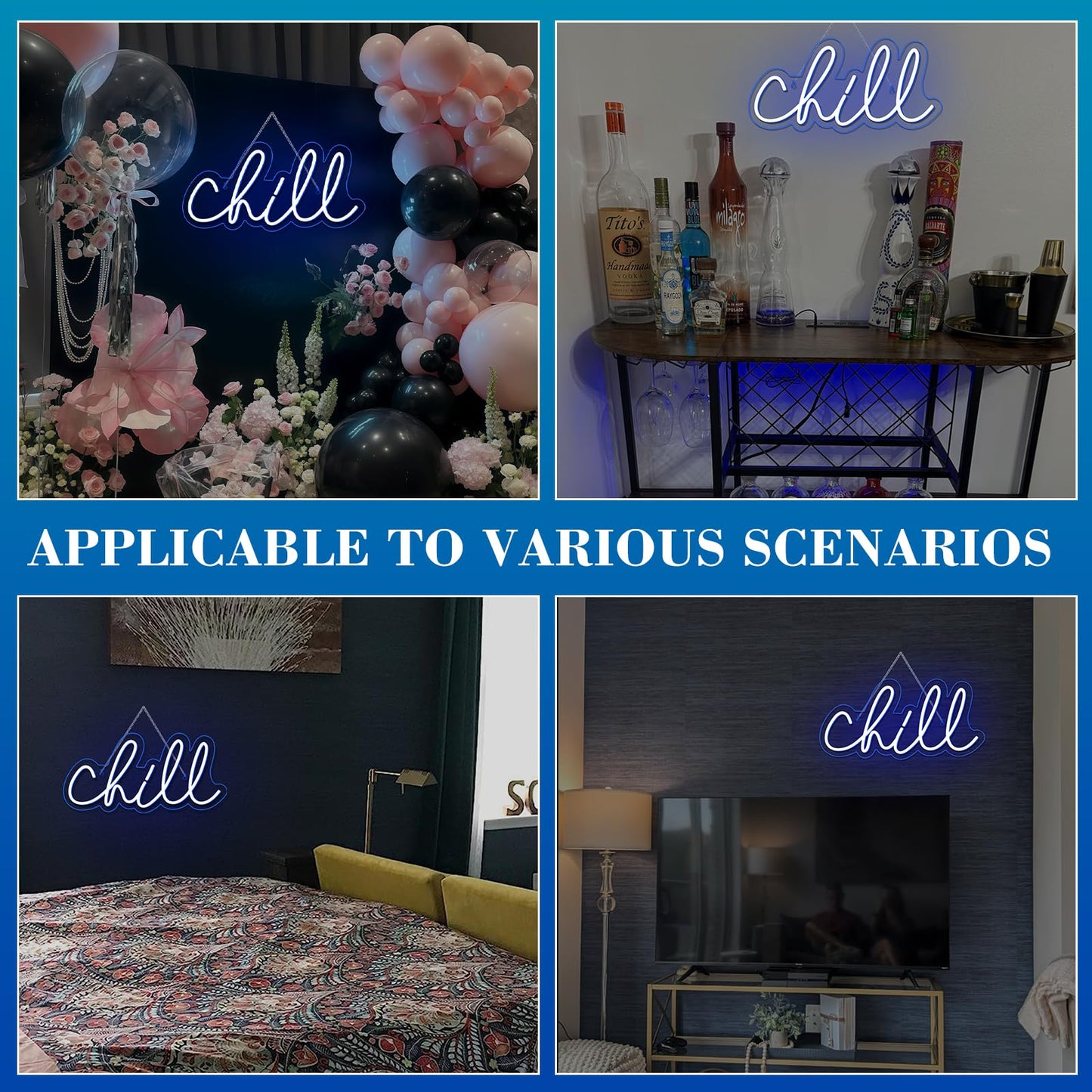 Wanxing Chill Neon Sign Blue Led Sign Chill Neon Wall Sign 14'' x 7'' Led Word Lights for Wall Decor Neon Light for Bedroom USB Powered Switch Light up Sign for Bar Hotel Game Room