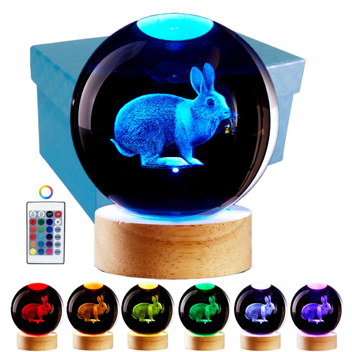 3D Crystal Ball Lamp with Lifelike LED Rabbit, 16 Color Changing Light, Dimmable Remote Control