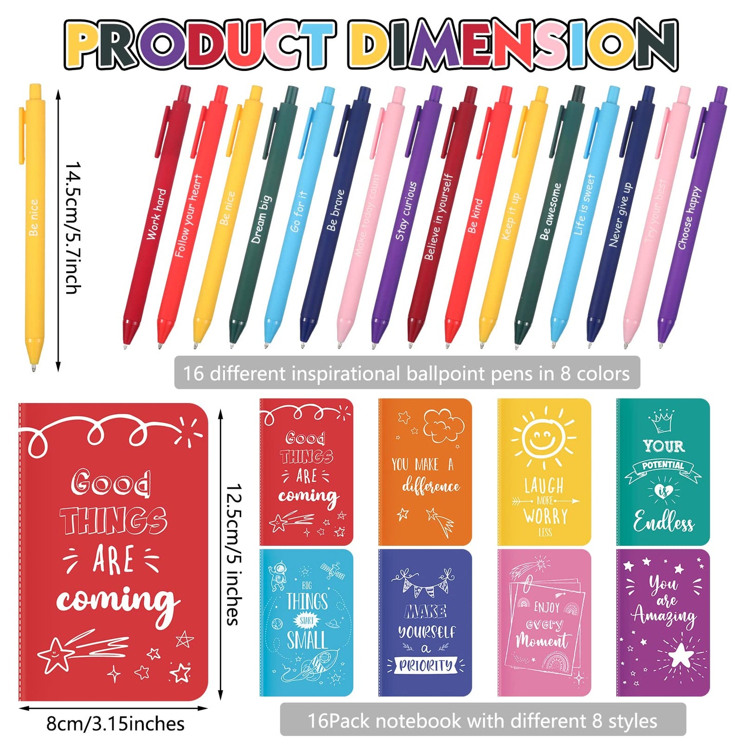 Funrous 32 Pcs Motivational Quote Pens Inspirational Notepads Mini Journal with Ballpoint Pen Small Notebooks Gift for Men Women Coworker Adult Party Favors Prize Teacher Student Office(Minimalistic)