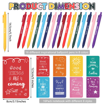 Funrous 32 Pcs Motivational Quote Pens Inspirational Notepads Mini Journal with Ballpoint Pen Small Notebooks Gift for Men Women Coworker Adult Party Favors Prize Teacher Student Office(Minimalistic)