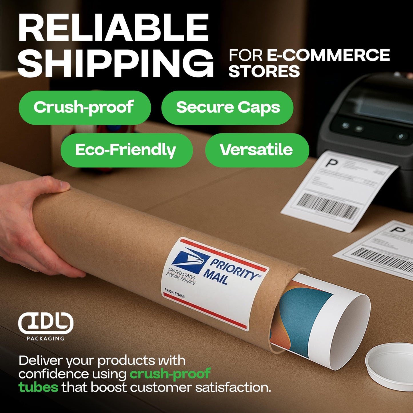 Cardboard Mailing Tube, 4" x 36" with Plastic Caps - USA-Made USPS Approved Poster Tube for Documents & Blueprints - Reinforced Mailing Cylinders for Shipping & Storage by IDL Packaging