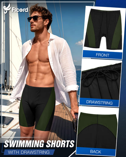 Ficerd Men's Swim Jammer UPF 50+ Quick Dry Athletic Competitive Training Swimwear Swimming Shorts with Drawstring(Black Green,Large)