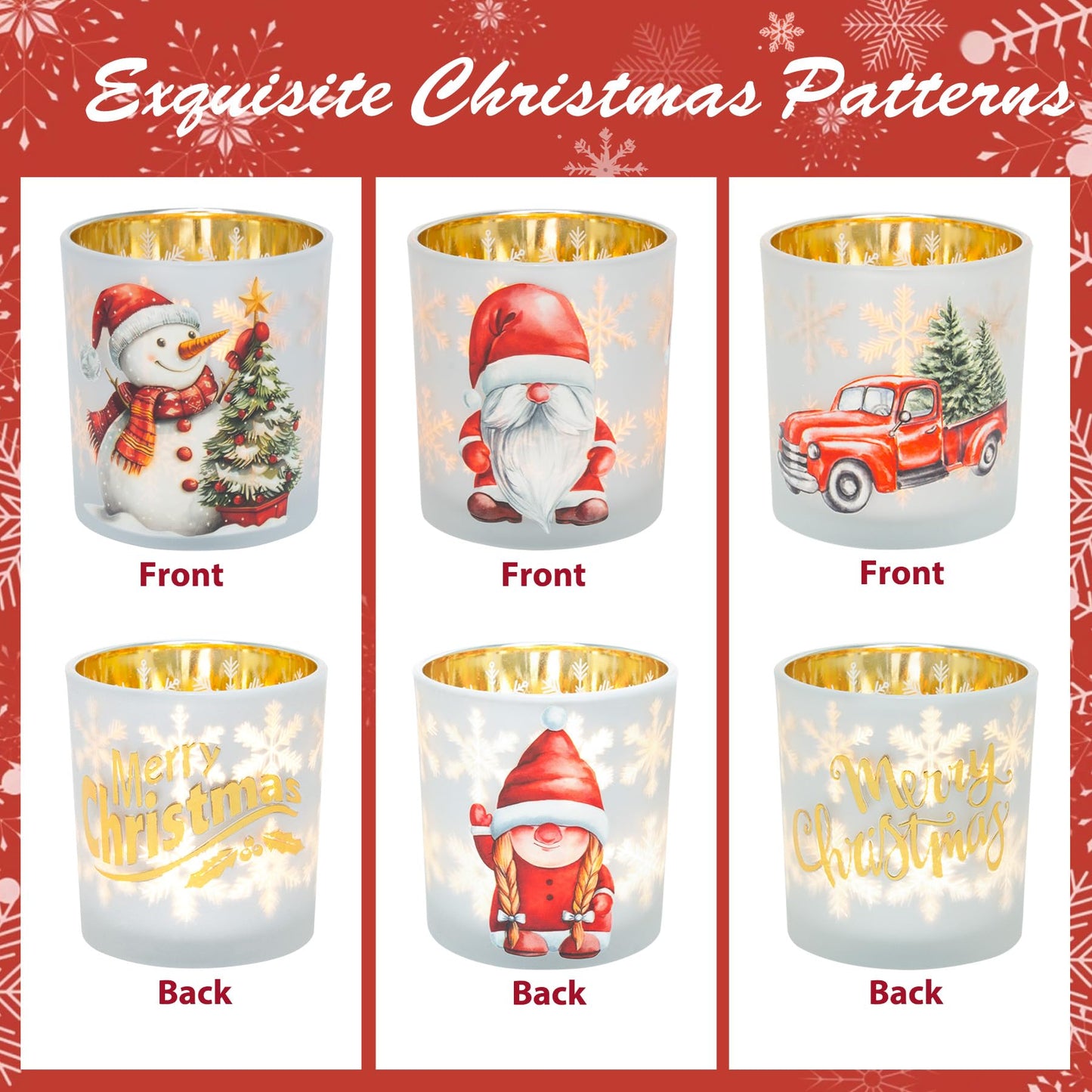 Christmas Votive Candle Holders, Set of 3 White Gold Red Glass Candle Holder for Christmas Table Centerpieces, Xmas Tea Light Holders with Gnomes Truck Snowman for New Year Holiday Party Decor