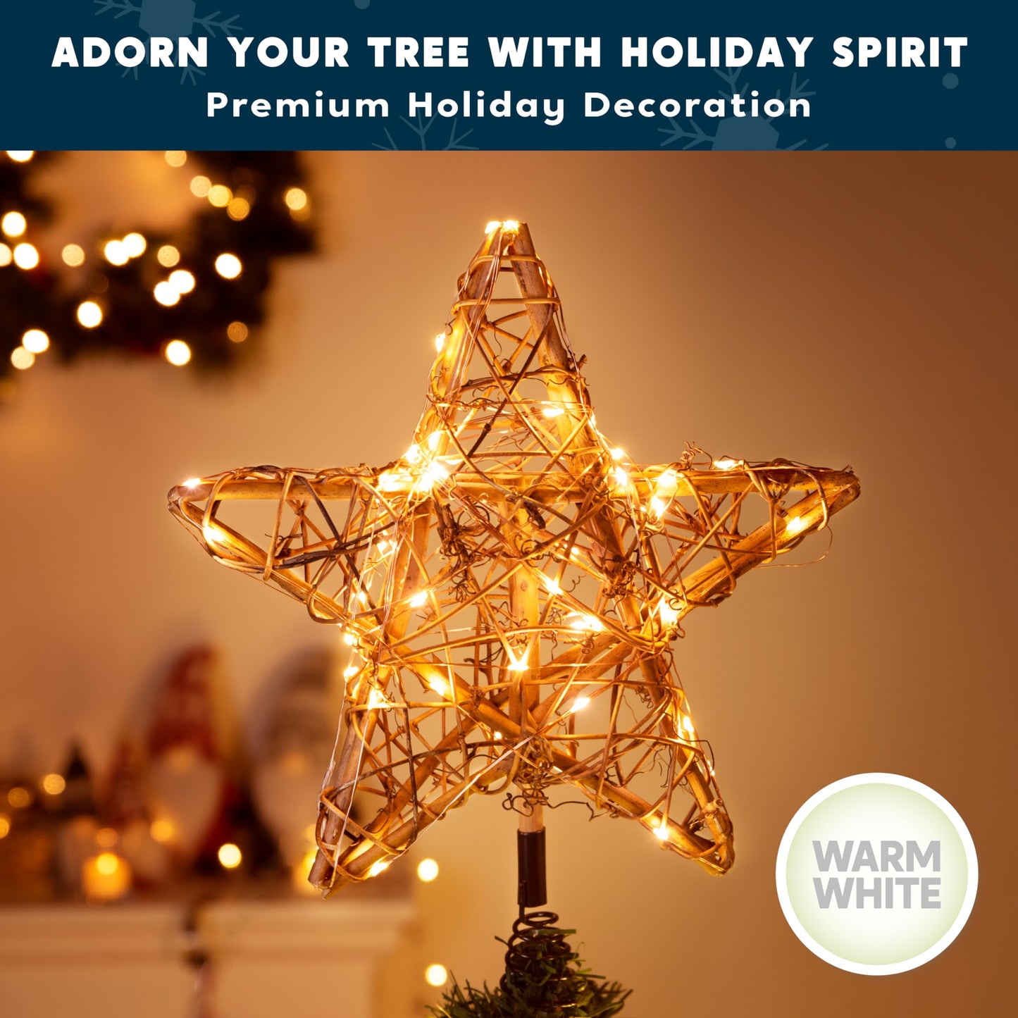 Joiedomi 8 Inch Christmas Tree Toppers, 30 LED Rustic Rattan Star Lighted for Xmas Decorations, Holiday Party Indoor Decor